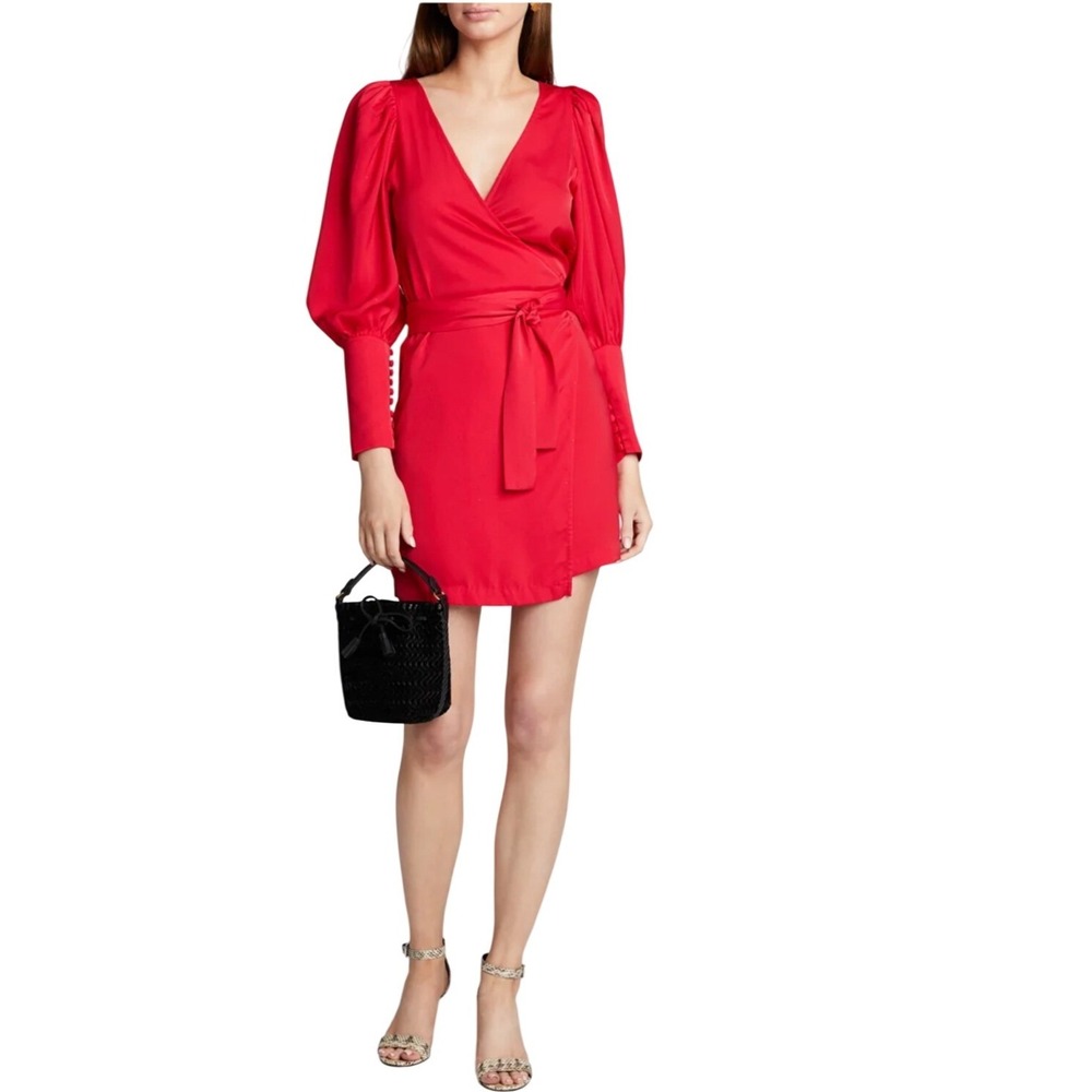 Rhode Frankie Blouson‎ Sleeve Wrap Mini Dress Red Satin Womens NEW Valentine's L